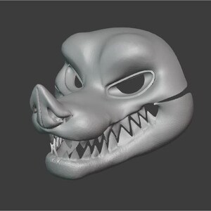 Könnte beinhalten: Eine grau dargestellte 3D-Maske eines stilisierten Eberkopfes. Die Maske hat eine markante Schnauze, scharfe Zähne und eckige Augenöffnungen. Das Design deutet auf ein Fantasy- oder Kostümthema hin.