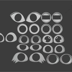 Può includere: Un set di 20 forme di occhi diverse, tra cui occhi chiusi, occhi aperti e varie espressioni degli occhi. Queste forme sono ideali per creare personaggi dei cartoni animati o altre illustrazioni.