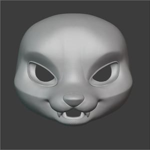 May include: A gray, 3D-printed mask of a stylized animal face. The mask features large, angled eye openings, a small nose, and a mouth with visible fangs. The overall design is smooth and rounded, with subtle shading to define the features.