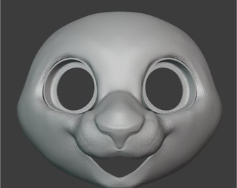 May include: A 3D model of a cartoon animal head with large eyes, a small nose, and a wide mouth. The model is made of a light gray material and is in a neutral expression.
