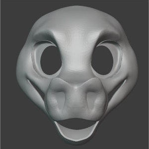 Puede incluir: Una máscara de animal gris, impresa en 3D, con grandes aberturas para los ojos, un hocico prominente y una boca sonriente. La máscara está diseñada para ser usada en la cara y tiene un acabado liso y mate. El diseño general es de dibujos animados.