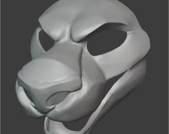 May include: A 3D printed gray furry animal mask with a wide open mouth and large eyes. The mask is designed to be worn over the head.