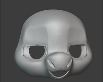 May include: A 3D model of a cartoon animal head, possibly a bird or a dinosaur, with large eyes and a small beak. The model is rendered in a light gray color.