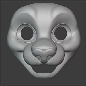 Puede incluir: Un modelo 3D de la cara de un animal de dibujos animados, con ojos grandes, una nariz pequeña y una boca ancha. El modelo está hecho de un material gris claro y tiene una expresión neutral.