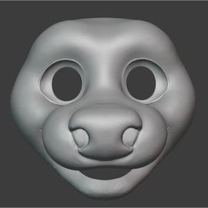 Puede incluir: Un modelo 3D de la cara de un animal peludo, con ojos grandes, una nariz pequeña y una boca ancha. El modelo está hecho de un material gris claro y tiene una expresión neutral.