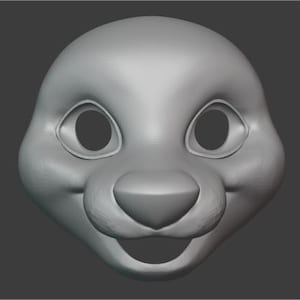 May include: A 3D model of a cartoon animal face with large eyes, a small nose, and a wide mouth. The model is in a neutral expression, with the mouth slightly open.