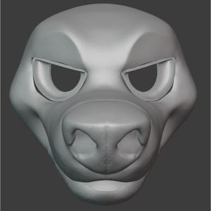 May include: A 3D model of a furry animal head, with a grey, textured surface. The head has a large, rounded nose, two large eyes, and a wide mouth.