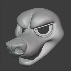 May include: A 3D model of a grey furry animal head with a wide open mouth and a large, black nose. The animal has a furrowed brow and a single, large, black eye.