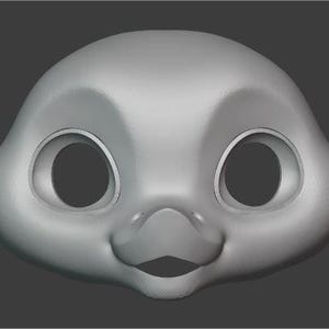 Puede incluir: Primer plano de un modelo 3D gris de la cara de un pájaro de dibujos animados. El modelo tiene ojos grandes y redondos y un pico pequeño.