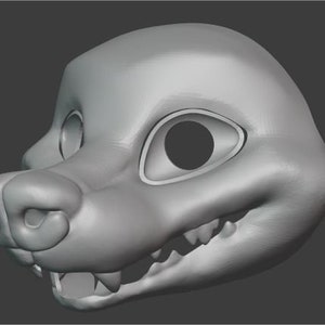 Könnte beinhalten: Ein 3D-Modell eines grauen, pelzigen Tierkopfes mit einem breiten Grinsen. Der Kopf hat eine große, runde Nase und große, mandelförmige Augen.