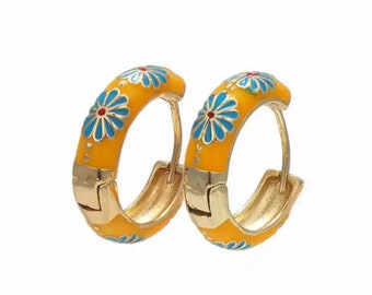 Orange Colorful Oil Dripping Flower Leaf Shape Earrings | Gold Plating | Rainbow Enameled Huggie Earrings | Women's Jewelry