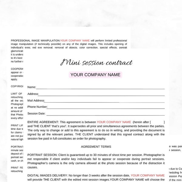 Photography Mini session contract Canva template , EDITABLE photography business