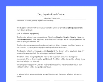 Plantilla de contrato de alquiler de suministros para fiestas: Formulario editable para el proveedor del lugar (CANVA, PDF, WORD)