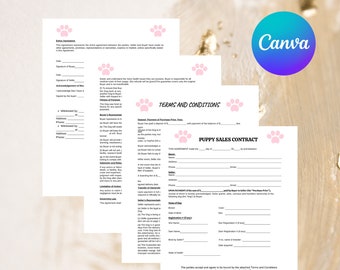 May include: Editable puppy sales contract template in Canva. The document includes sections for the buyer and seller, terms and conditions, and a deposit and payment schedule.