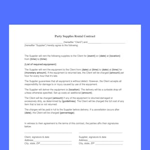 Modello di contratto di noleggio di forniture per feste: modulo modificabile per il fornitore della sede (CANVA, PDF, WORD)