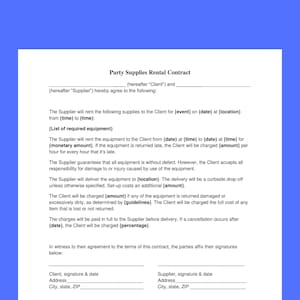 Party Supply Rental Contract , Party Supply contract, Supply Agreement, Simple Venue Party Provider Form, Editable CANVA ,PDF WORD