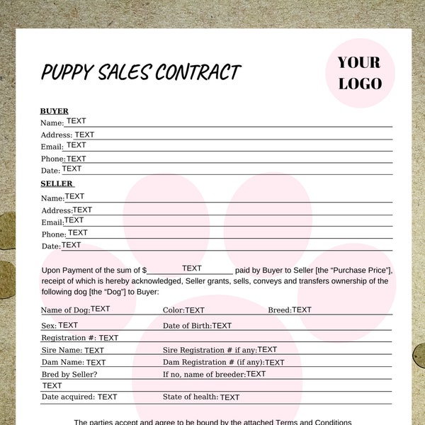 EDITABLE Puppy Sales Contract, Personalizable Puppy CANVA Template, Puppy Contracts, Paw color changing