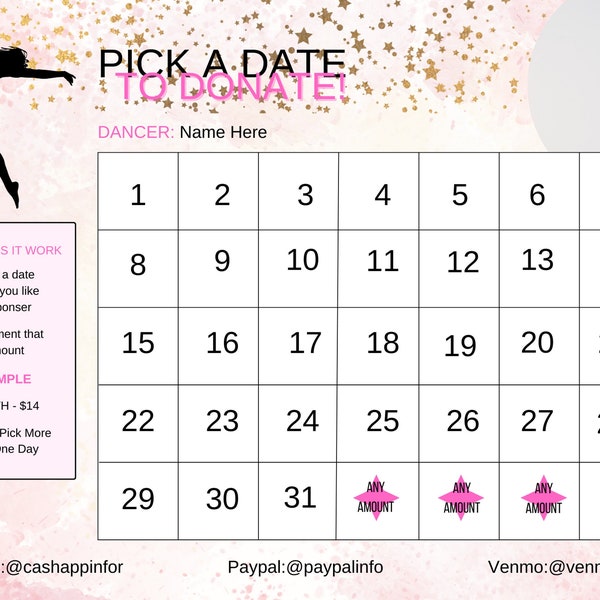 EDITABLE Pay for your Day Calendar Fundraiser, Dance Calendar Fundraiser Canva Template, Dance Competition Fundraiser