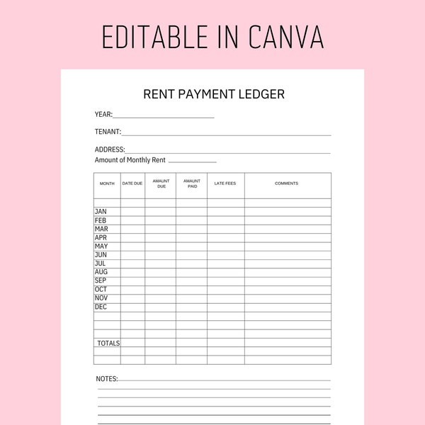 Rent Payment Ledger, Rental Payment Tracker, Monthly Rent Payment Tracker, Canva Edıtable Template