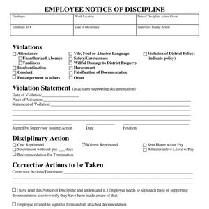 Employee Disciplinary Notice: Printable Warning Form (PDF, Word)