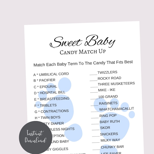 Sweet Baby Candy Match, Baby Shower Activity - Instant Download Printable Digital, PDF