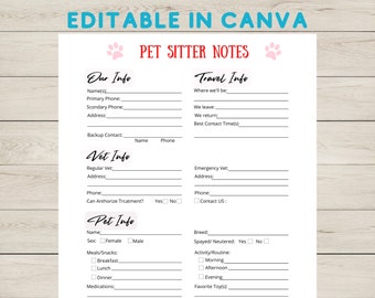 Pet Sitter Notes Printable Canva Template , Owner Info Template, Daily Care Form, Personalized