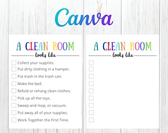 May include: A printable checklist with the title "A Clean Room looks like."  The checklist includes tasks such as collecting supplies, putting dirty clothes in a hamper, and putting trash in the trash can.  The checklist is designed to help children learn how to clean their rooms.