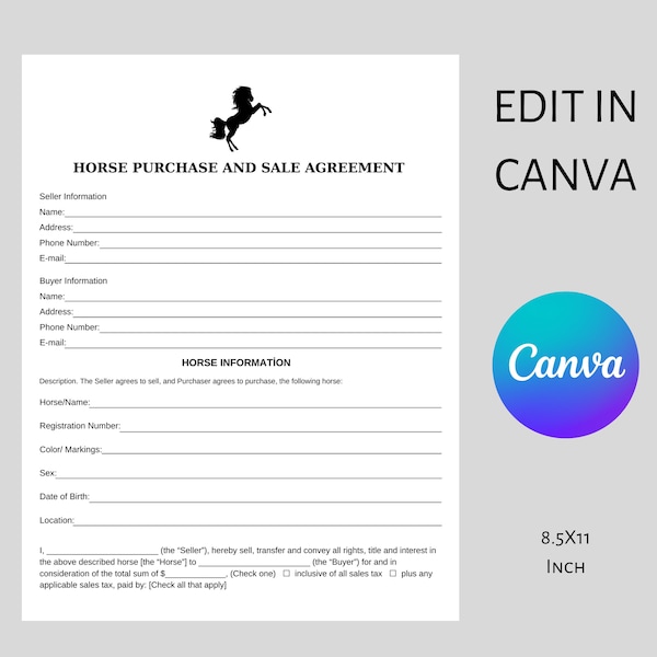 EDITABLE Horse Equine Bill of Sale, Purchase Agreement Canva Template, Personalizable