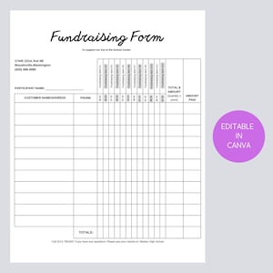 Printable Fundrafts Form Seite zur Auftragsverfolgung, Canva Template,12 Artikelspalten mit Preisen, 11 Kundenzeilen, individualisierbar