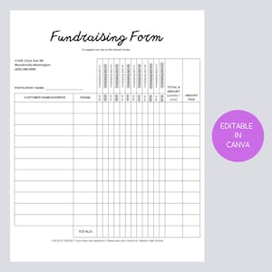 Printable Fundraising Form order tracking page, Canva Template,12 item columns with prices, 11 customer rows,Customızable