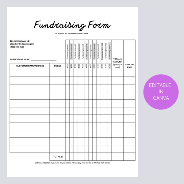 Printable Fundraising Form order tracking page, Canva Template,12 item columns with prices, 11 customer rows,Customızable