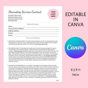 Vertragsvereinbarung für DIY-Eventdekorationsdienstleistungen, EDITIERBARE, druckbare 4-seitige Canva-Vorlage mit rosa Akzent, personalisiert