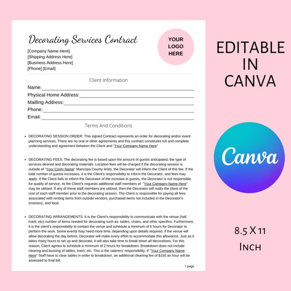 DIY Event Decorating Services Contract Agreement, EDİTABLE Printable Pink Accent 4 Page Canva Template, Personalized