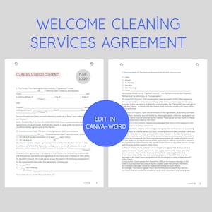 EDITABLE Cleaning services agreement - Cleaning services contract Canva Template, Commercial , Residential cleaning agreements,Customize