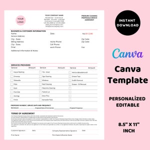 May include: A printable pressure cleaning proposal and service agreement template in a pink and white colour scheme. The template includes sections for business and customer information, services provided, proposed payment, service date and frequency, and terms of agreement. The template is 8.5 inches by 11 inches.