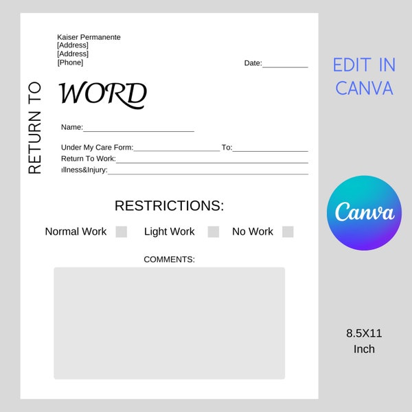 Return to Work Doctors Note Kaiser Edition Edıtable Canva Template PRINTABLE DOWNLOAD,Customızable