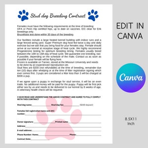 Stud dog Breeding Contract, Canva Template, Customızable