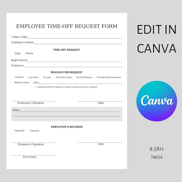 Employee Time-off Request Canva Template, EDITABLE Vacation Request Form, Customızable