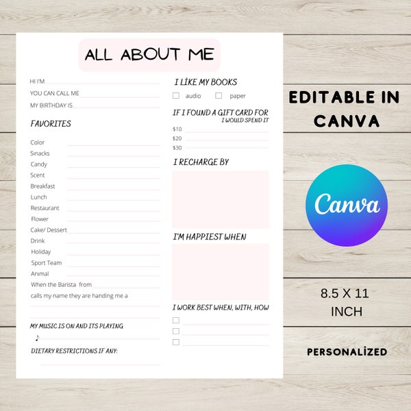 All about me, co-worker questions CANVA Template, Personalized, Digital Download