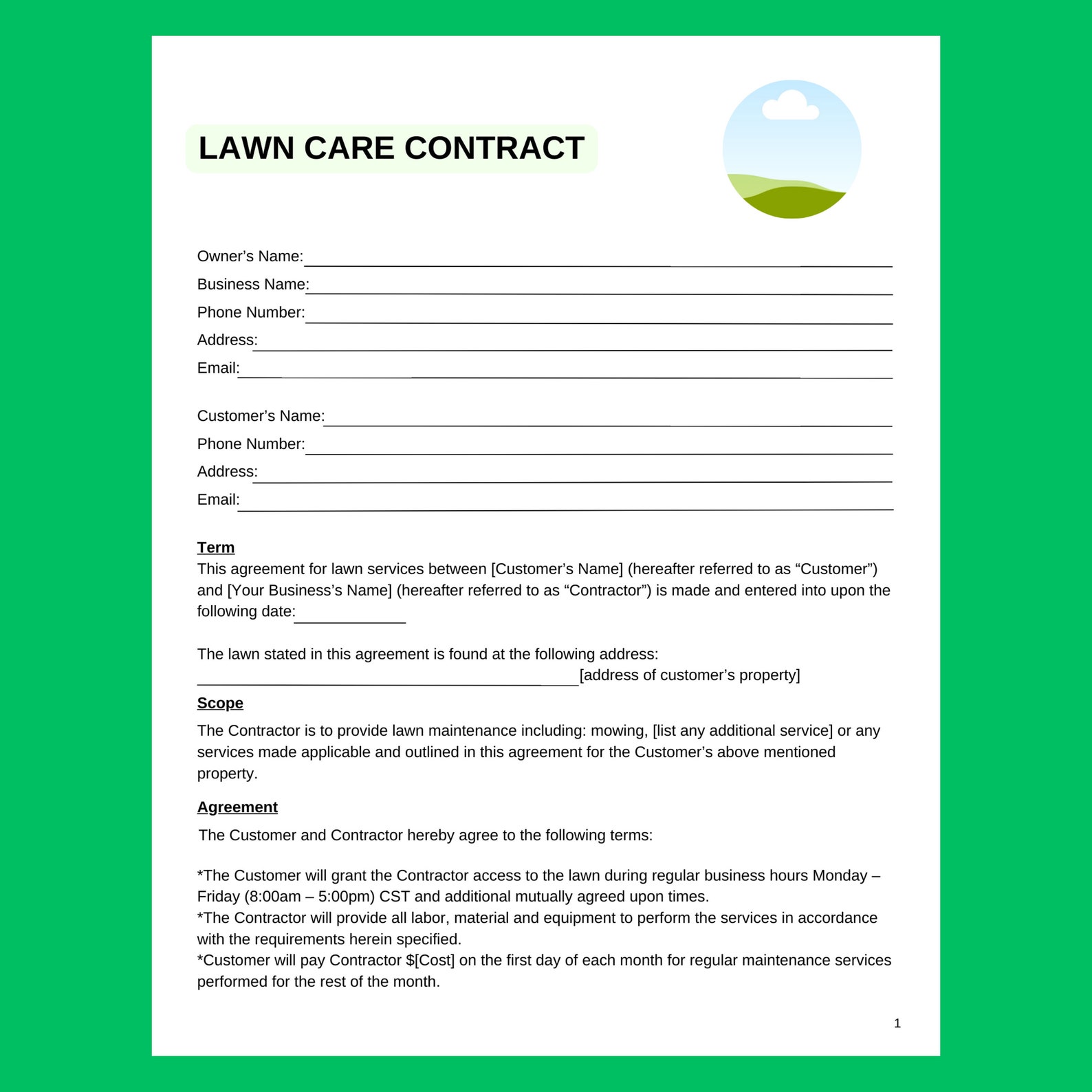 Lawn Care Agreement, Edıtable Service Contract, Landscaping Contract Lawn Care Agreement, Edıtable Service Contract, Landscaping Contract