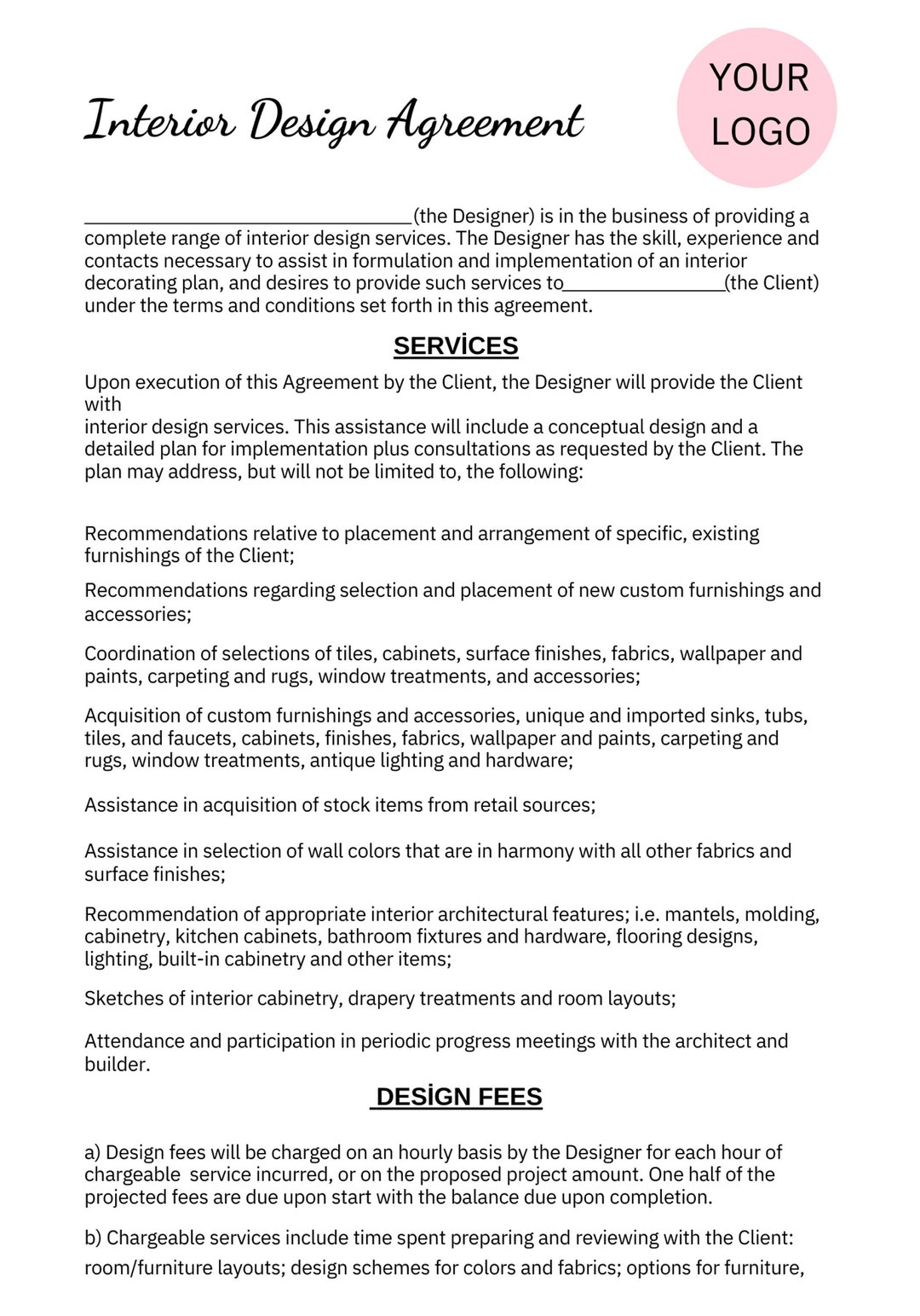 Interior Designer Contract Agreement Canva Template Etsy