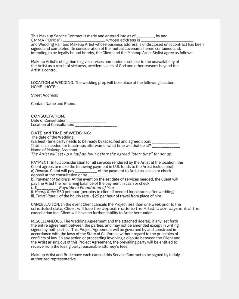 Freelance Makeup Artist Contract Template Canva Legal Contract - Etsy