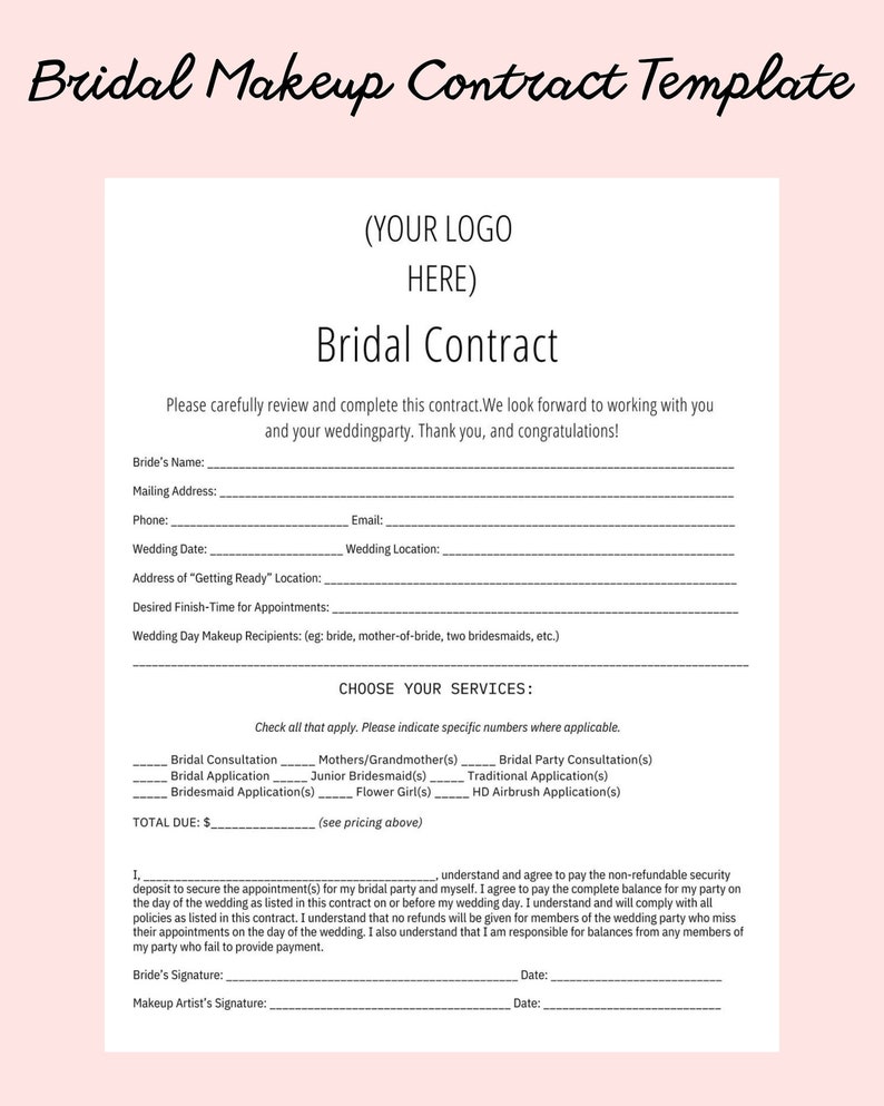 Editable Bridal Makeup Contract Template Canva Word Etsy