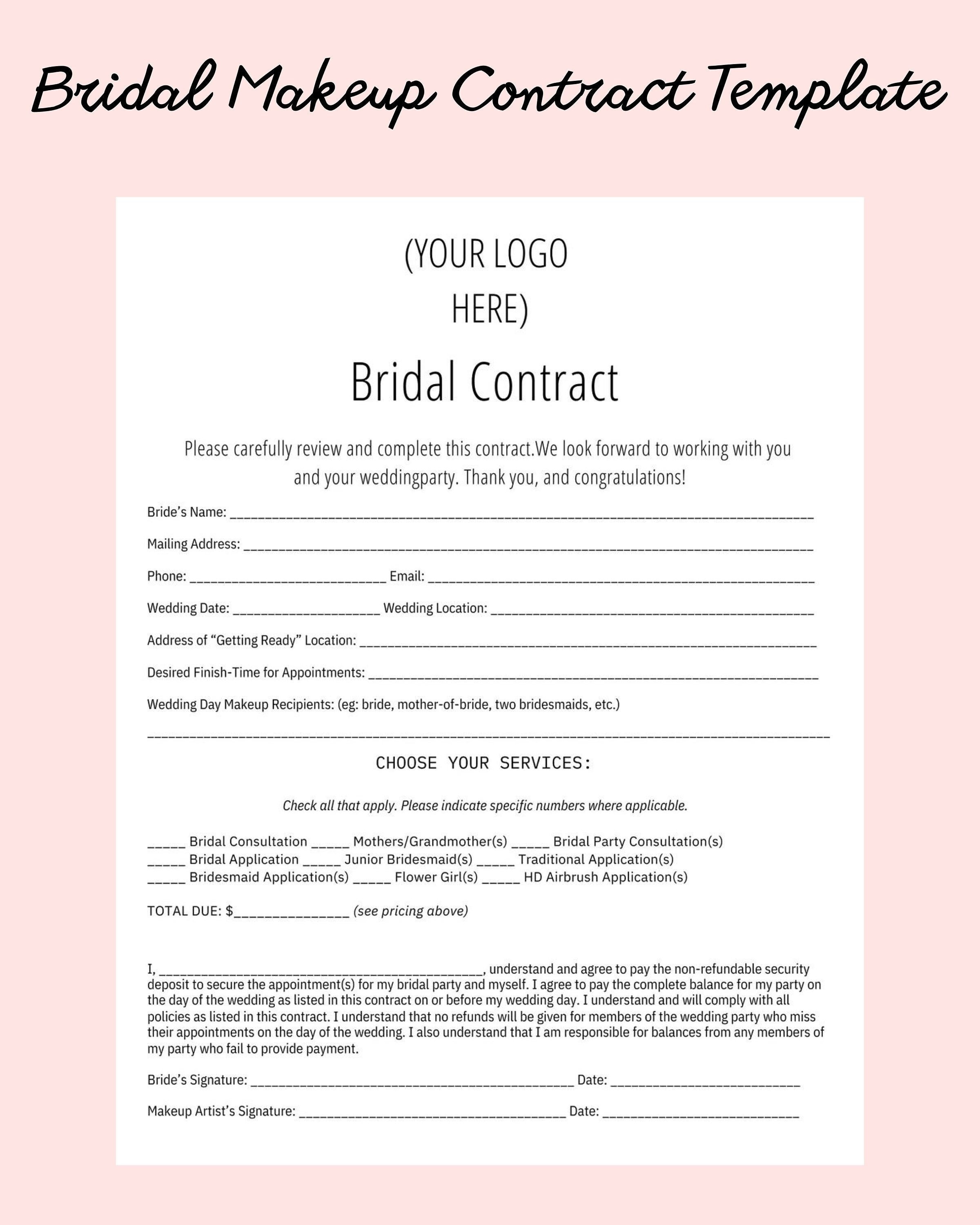 Editable Bridal Makeup Contract Template Canva Word Etsy