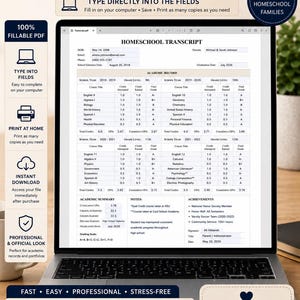 Peut inclure: Un modèle de bulletin scolaire pour l'enseignement à domicile, au format PDF remplissable. Le document, affiché sur un ordinateur portable, permet de saisir des données, d'enregistrer et d'imprimer. Conçu pour les familles.