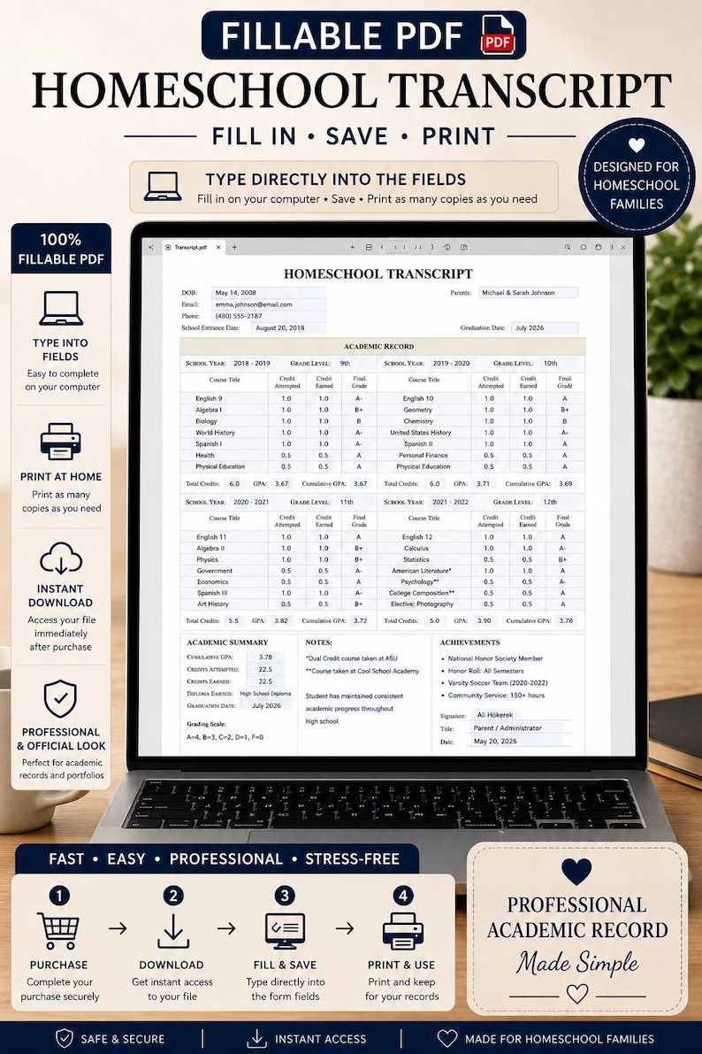 Fillable Homeschool Transcript PDF | High School Academic Record ...