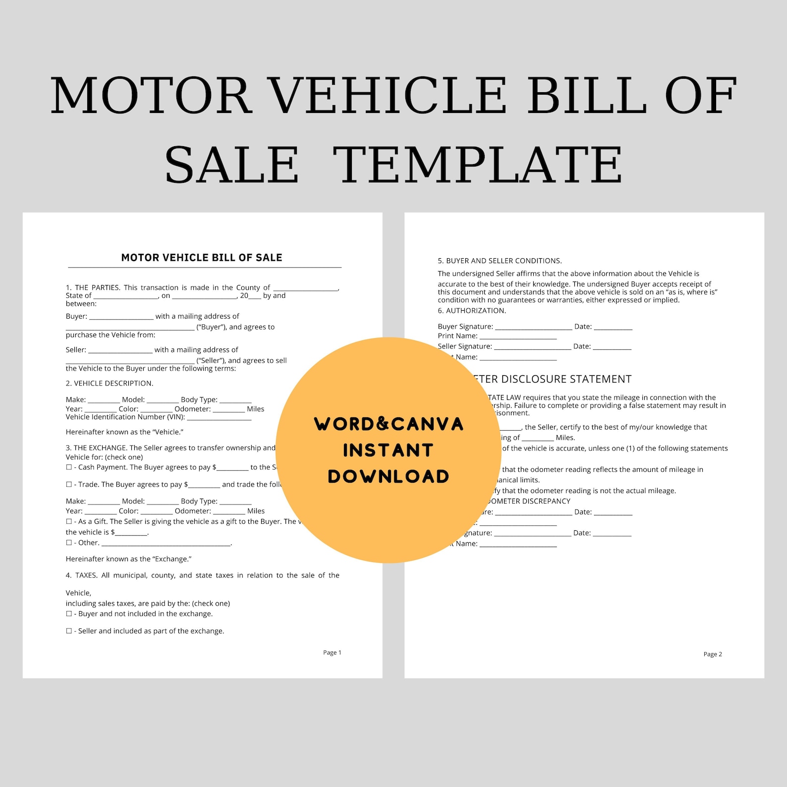 Editable Motor Vehicle Bill of Sale, Canva Template, Car Sale Form Editable Motor Vehicle Bill of Sale, Canva Template, Car Sale Form