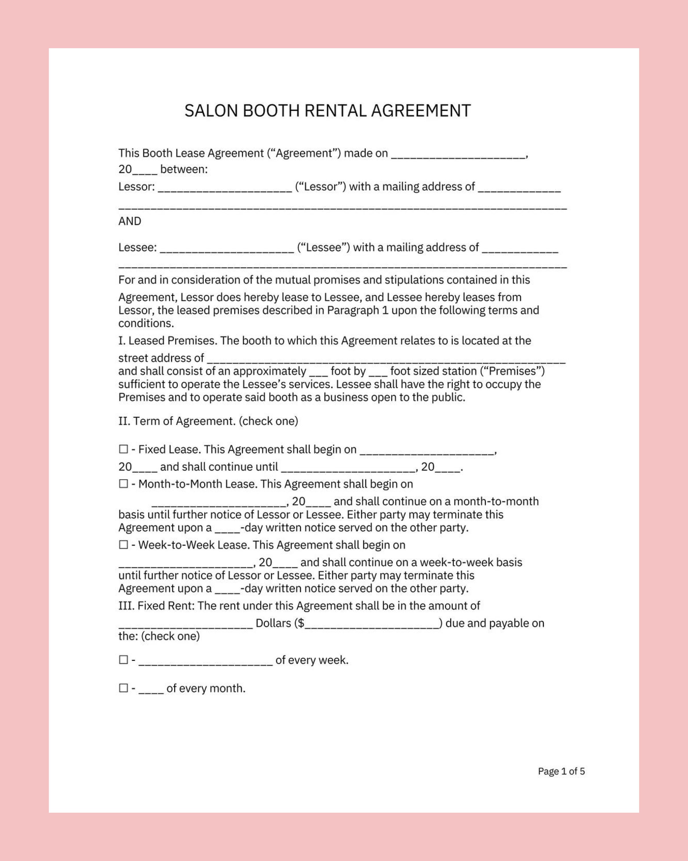 Salon Booth Rental Agreement Canva Editable PDF - Etsy Canada