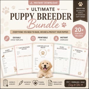May include: A pink and brown Ultimate Puppy Breeder Bundle with the text "Everything you need to raise, record & protect your puppies." Includes 20+ templates, such as a puppy sales contract and vaccination record. A golden retriever puppy is in the center.