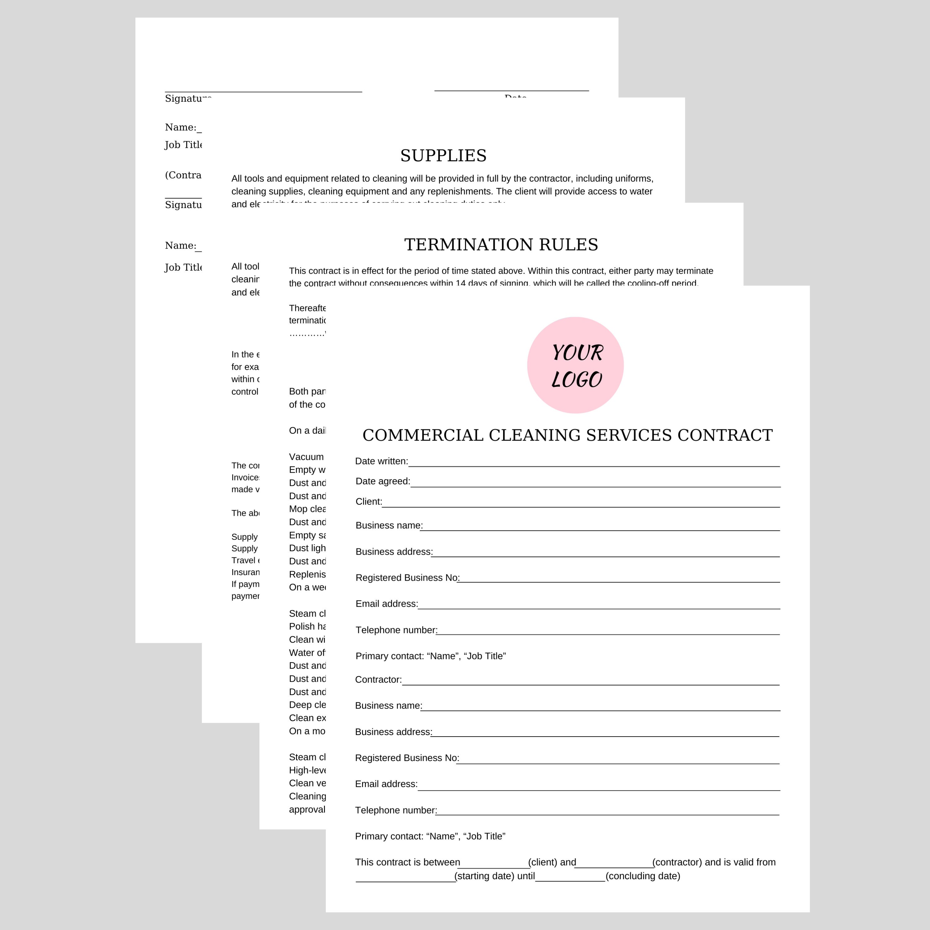 Commercial Cleaning Services Contract, Canva Template, Editable Instant